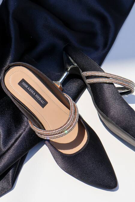 Shop_Shradha Hedau Footwear Couture_Black Rhinestones Lyra Satin Embellished Pointed Toe Heels 