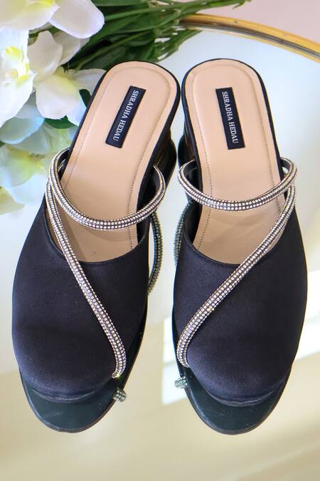 Shop_Shradha Hedau Footwear Couture_Black Rhinestones Ellen Satin Embellished Heels _Online_at_Aza_Fashions