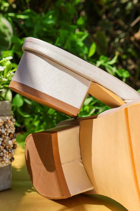 Shradha Hedau Footwear Couture_Beige Rhinestones, Beads Mariposa Embellished Block Heels _Online_at_Aza_Fashions