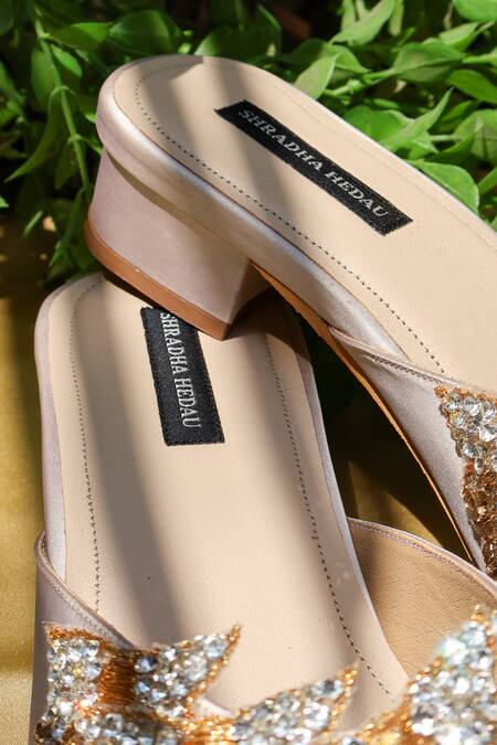 Buy_Shradha Hedau Footwear Couture_Beige Rhinestones, Beads Mariposa Embellished Block Heels _Online_at_Aza_Fashions