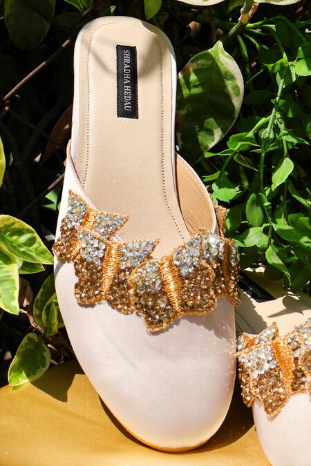 Shop_Shradha Hedau Footwear Couture_Beige Rhinestones, Beads Mariposa Embellished Block Heels _Online_at_Aza_Fashions