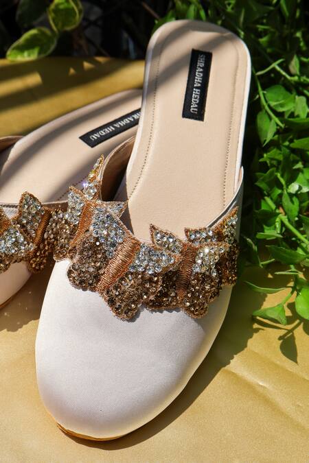 Shradha Hedau Footwear Couture_Beige Rhinestones, Beads Mariposa Embellished Block Heels _at_Aza_Fashions