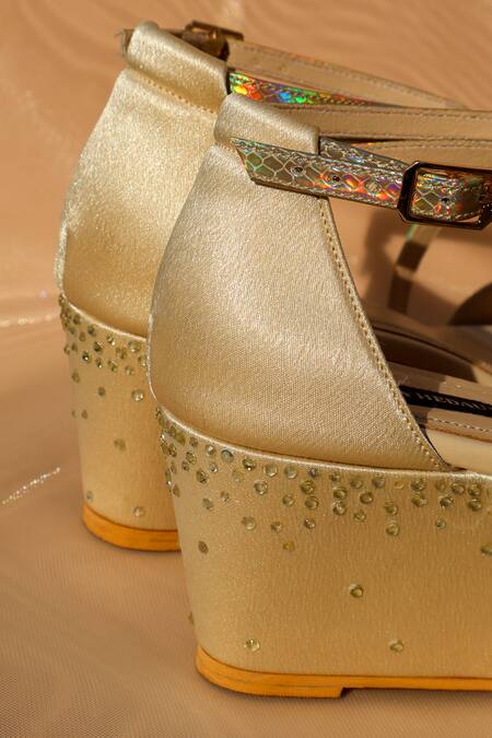 Shradha Hedau Footwear Couture_Gold Rhinestones Aurea Holographic Snake Print Wedges _Online_at_Aza_Fashions