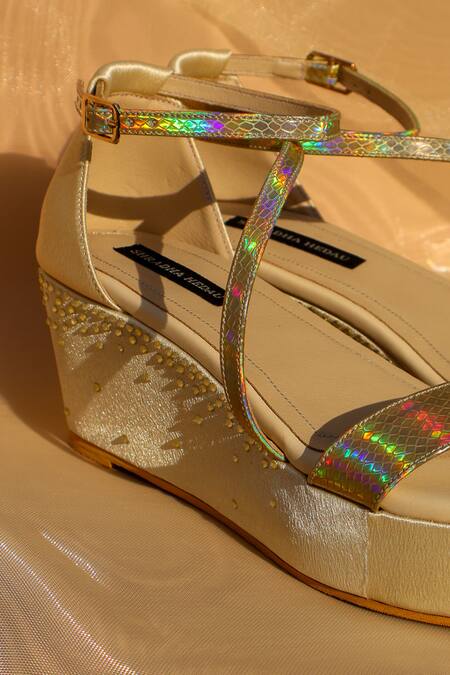 Buy_Shradha Hedau Footwear Couture_Gold Rhinestones Aurea Holographic Snake Print Wedges _Online_at_Aza_Fashions
