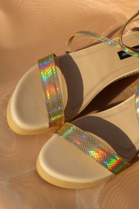 Shop_Shradha Hedau Footwear Couture_Gold Rhinestones Aurea Holographic Snake Print Wedges _Online_at_Aza_Fashions
