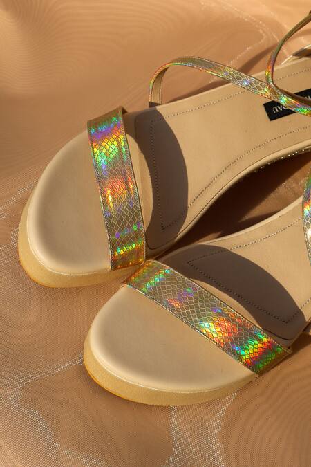 Shradha Hedau Footwear Couture_Gold Rhinestones Aurea Holographic Snake Print Wedges _at_Aza_Fashions