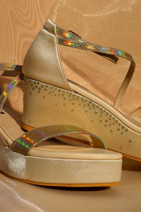 Buy_Shradha Hedau Footwear Couture_Gold Rhinestones Aurea Holographic Snake Print Wedges 