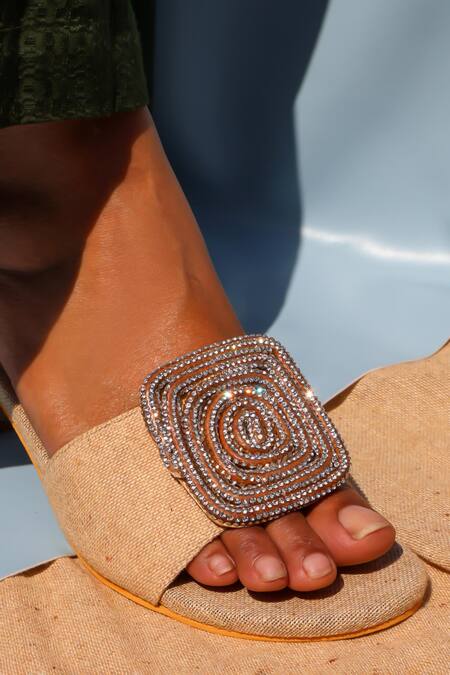 Shradha Hedau Footwear Couture_Brown Rhinestones Brina Jute Block Heels With Crystal Embellishment _Online_at_Aza_Fashions
