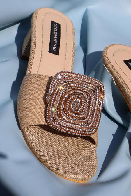 Buy_Shradha Hedau Footwear Couture_Brown Rhinestones Brina Jute Block Heels With Crystal Embellishment _Online_at_Aza_Fashions