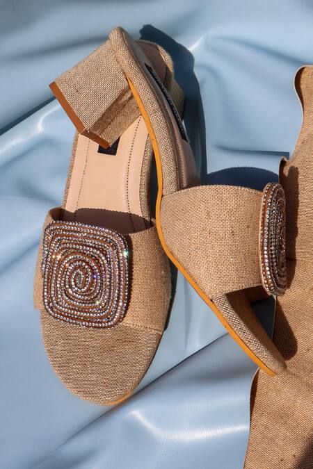 Shop_Shradha Hedau Footwear Couture_Brown Rhinestones Brina Jute Block Heels With Crystal Embellishment _Online_at_Aza_Fashions