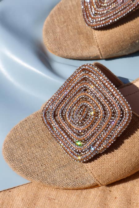 Shradha Hedau Footwear Couture_Brown Rhinestones Brina Jute Block Heels With Crystal Embellishment _at_Aza_Fashions