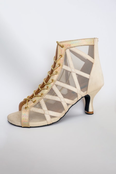 Shradha Hedau Footwear Couture Elara Mesh & Satin Lace-Up Peep-Toe Boots 