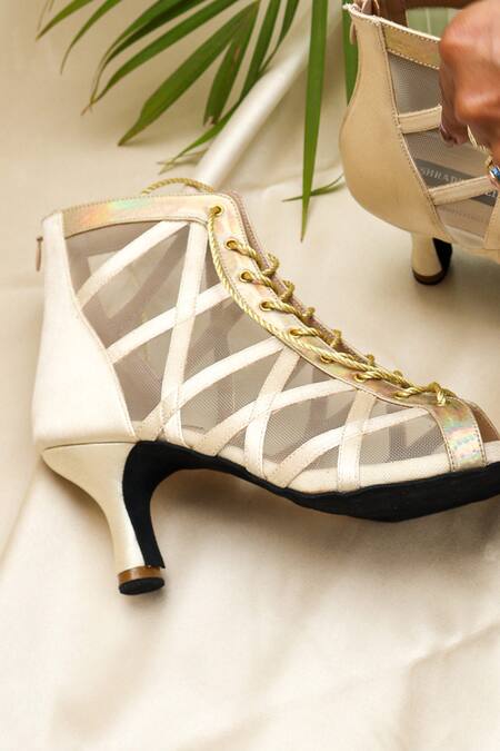 Shradha Hedau Footwear Couture_Beige Elara Mesh And Satin Lace-up Peep-toe Boots _Online_at_Aza_Fashions