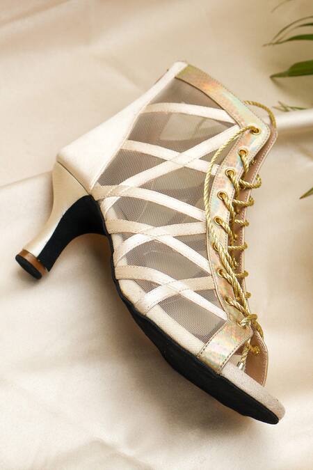 Shop_Shradha Hedau Footwear Couture_Beige Elara Mesh And Satin Lace-up Peep-toe Boots _Online_at_Aza_Fashions