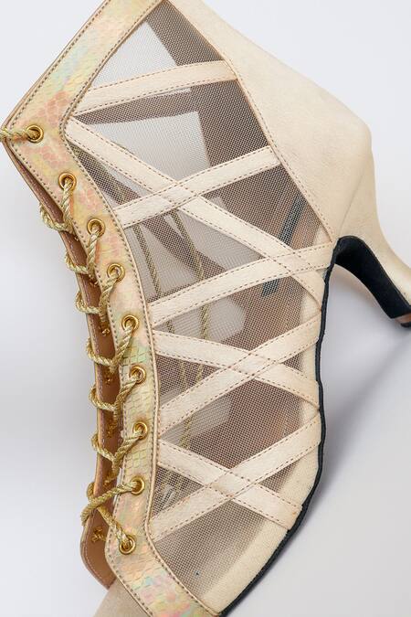 Shradha Hedau Footwear Couture_Beige Elara Mesh And Satin Lace-up Peep-toe Boots _at_Aza_Fashions