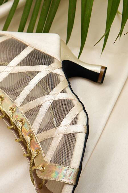 Shop_Shradha Hedau Footwear Couture_Beige Elara Mesh And Satin Lace-up Peep-toe Boots 