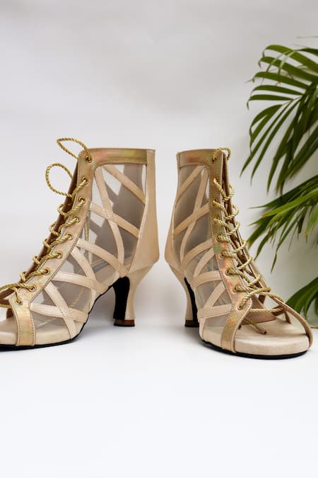 Shradha Hedau Footwear Couture Elara Mesh & Satin Lace-Up Peep-Toe Boots 