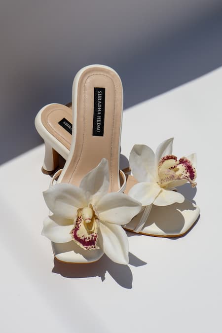 Shop_Shradha Hedau Footwear Couture_White Fabric Flowers Bianca Floral Embellished Strappy Heels _Online_at_Aza_Fashions