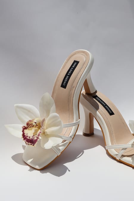 Shradha Hedau Footwear Couture_White Fabric Flowers Bianca Floral Embellished Strappy Heels _at_Aza_Fashions