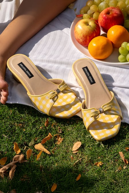 Shradha Hedau Footwear Couture_Yellow Bows Buttercup Gingham Detail Block Heels _Online_at_Aza_Fashions