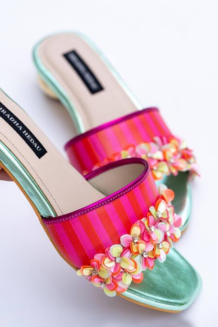Shradha Hedau Footwear Couture_Red Fabric Flowers, Rhinestones Melomkiss Striped Floral Embellished Heels _Online_at_Aza_Fashions