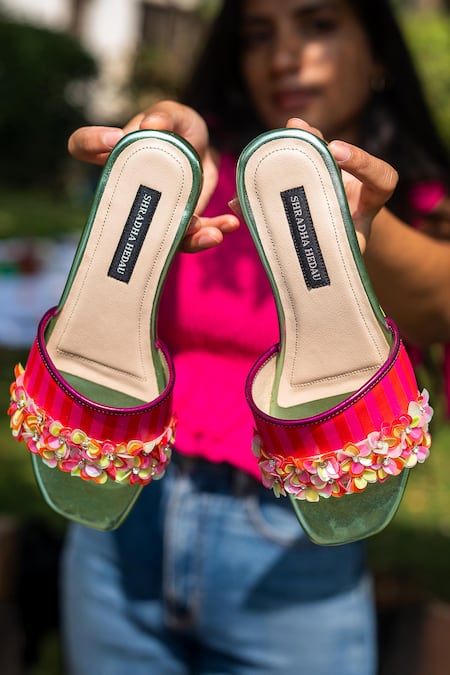 Buy_Shradha Hedau Footwear Couture_Red Fabric Flowers, Rhinestones Melomkiss Striped Floral Embellished Heels _Online_at_Aza_Fashions