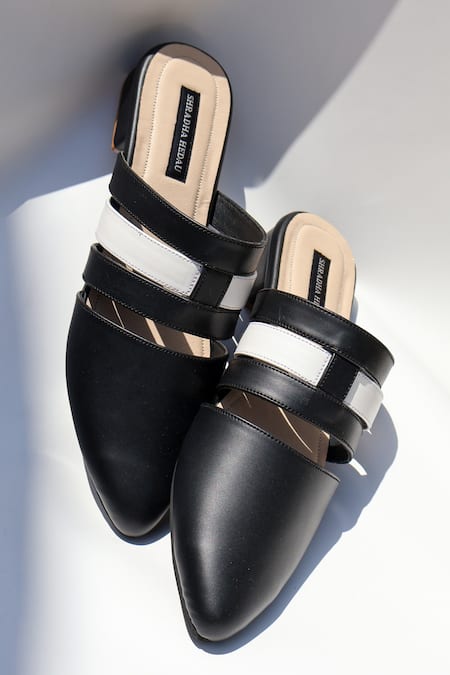Buy_Shradha Hedau Footwear Couture_Black Ethel Two-tone Strappy Vegan Leather Mules _Online_at_Aza_Fashions
