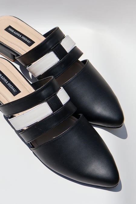 Shop_Shradha Hedau Footwear Couture_Black Ethel Two-tone Strappy Vegan Leather Mules _Online_at_Aza_Fashions