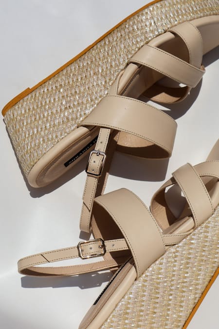Shradha Hedau Footwear Couture_Beige Branwen Vegan Leather Braided Platform Wedges _at_Aza_Fashions