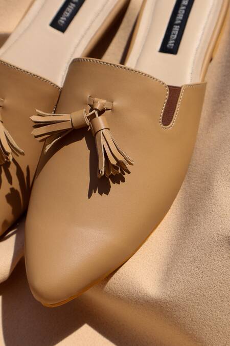 Shop_Shradha Hedau Footwear Couture_Beige Zana Tassel Detail Pointed Toe Mules _Online_at_Aza_Fashions