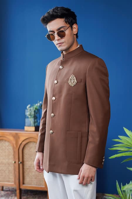 Buy_Philocaly_Brown Wool Vistrit Classic Bandhgala With Patch Pockets _Online_at_Aza_Fashions