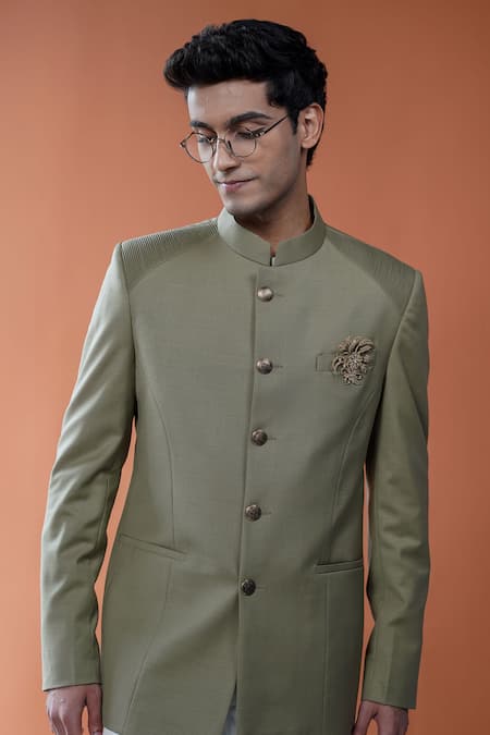 Philocaly_Olive Green Wool Embroidery, Brooches Virang Pintuck Shoulder Panel Bandhgala _Online_at_Aza_Fashions