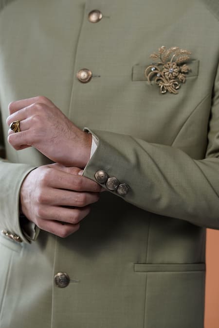 Buy_Philocaly_Olive Green Wool Embroidery, Brooches Virang Pintuck Shoulder Panel Bandhgala _Online_at_Aza_Fashions