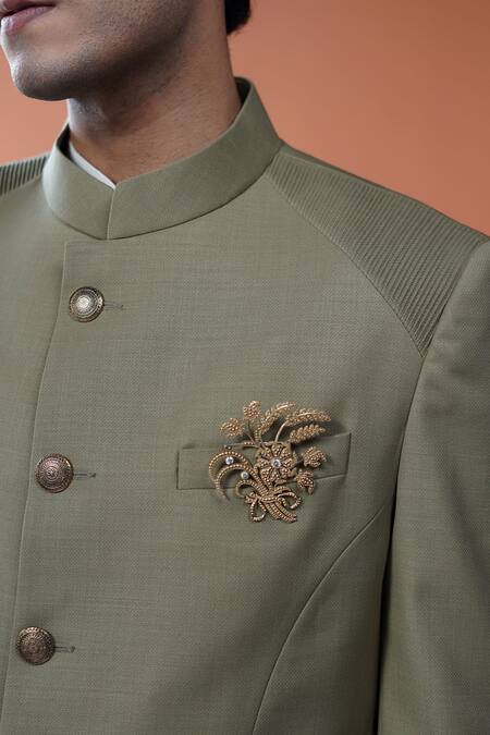 Shop_Philocaly_Olive Green Wool Embroidery, Brooches Virang Pintuck Shoulder Panel Bandhgala _Online_at_Aza_Fashions