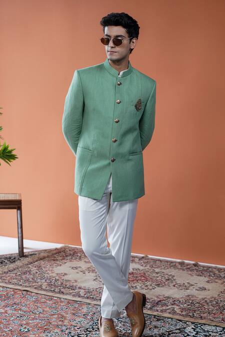 Philocaly_Green Linen Brooches Shyamal Pintuck Bandhgala _Online_at_Aza_Fashions