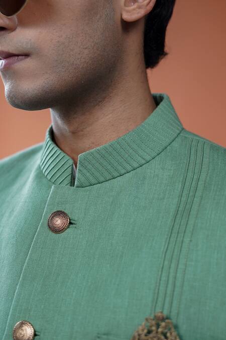 Shop_Philocaly_Green Linen Brooches Shyamal Pintuck Bandhgala _Online_at_Aza_Fashions