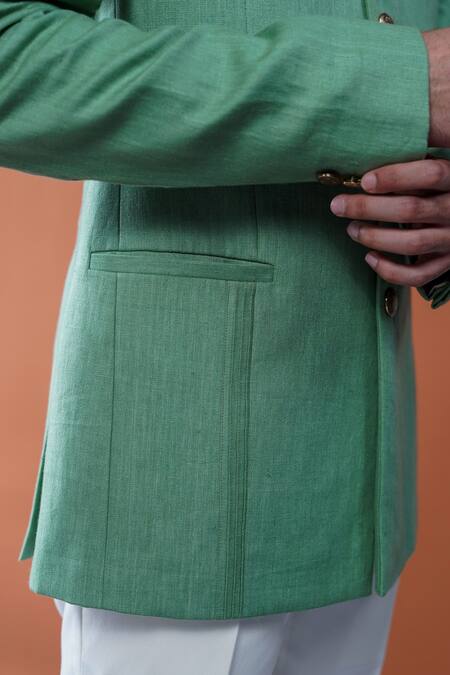 Philocaly_Green Linen Brooches Shyamal Pintuck Bandhgala _at_Aza_Fashions