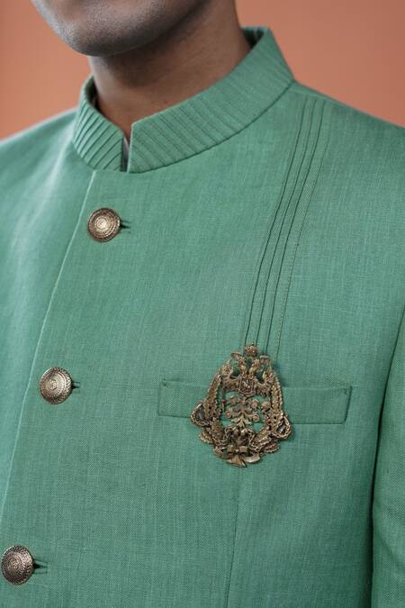 Buy_Philocaly_Green Linen Brooches Shyamal Pintuck Bandhgala 