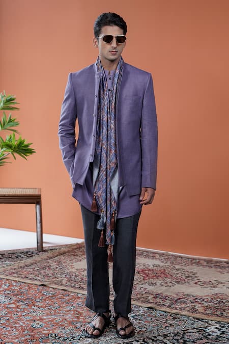 Shop Philocaly Purple Linen Rajneel Bandhgala With Pintuck Detail Online at Aza Fashions Shop_Philocaly_Purple Linen Rajneel Bandhgala With Pintuck Detail _Online_at_Aza_Fashions
