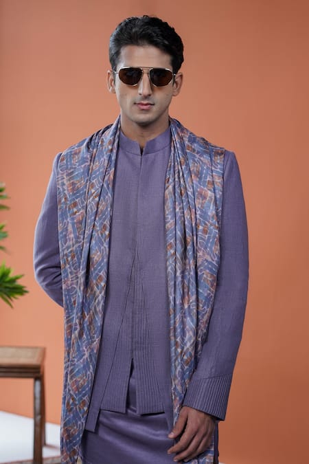 Philocaly Purple Linen Rajneel Bandhgala With Pintuck Detail 