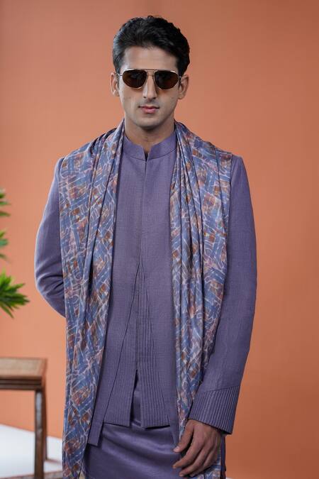 Shop_Philocaly_Purple Linen Rajneel Pintuck Bandhgala And Kurta Set _Online_at_Aza_Fashions