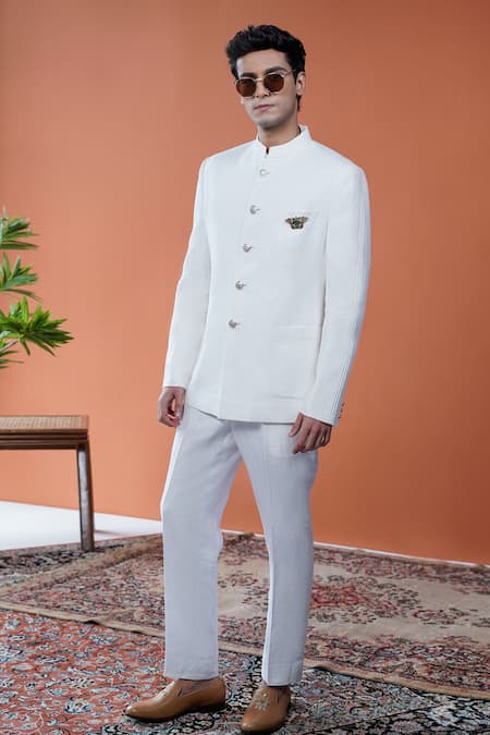 Philocaly_White Linen Dhaval Bandhgala With Pintucks _Online_at_Aza_Fashions