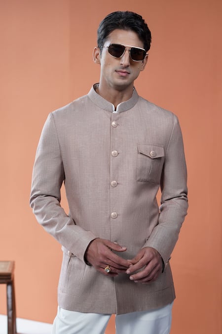 Philocaly Brown Linen Mrinal Bandhgala With Flap Pockets 