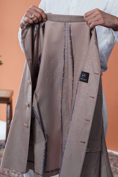 Buy_Philocaly_Brown Linen Mrinal Bandhgala With Flap Pockets _Online_at_Aza_Fashions