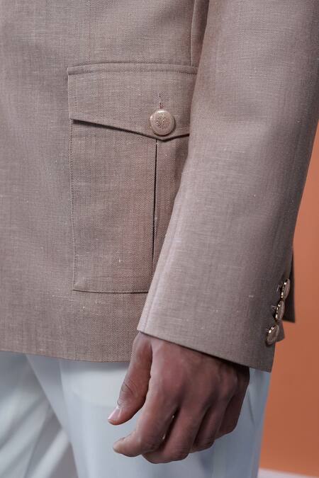 Shop_Philocaly_Brown Linen Mrinal Bandhgala With Flap Pockets _Online_at_Aza_Fashions