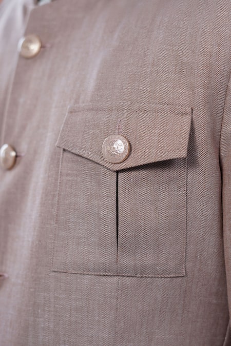 Philocaly_Brown Linen Mrinal Bandhgala With Flap Pockets _at_Aza_Fashions