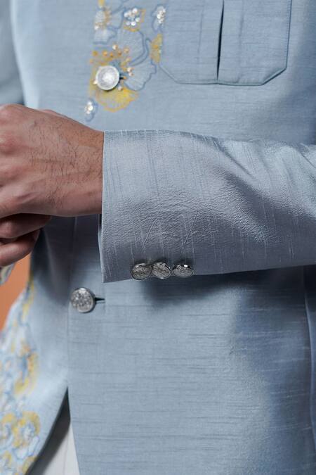 Philocaly_Sky Blue Silk Embroidery, Sequins Zardneel Floral Bandhgala _Online_at_Aza_Fashions