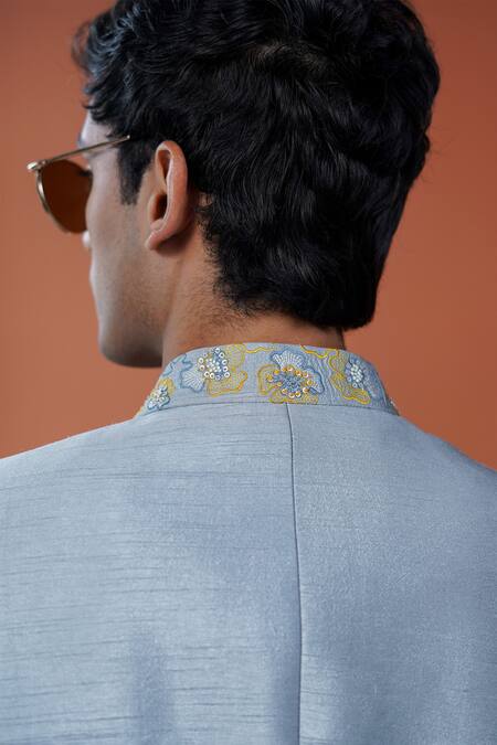 Buy_Philocaly_Sky Blue Silk Embroidery, Sequins Zardneel Floral Bandhgala _Online_at_Aza_Fashions