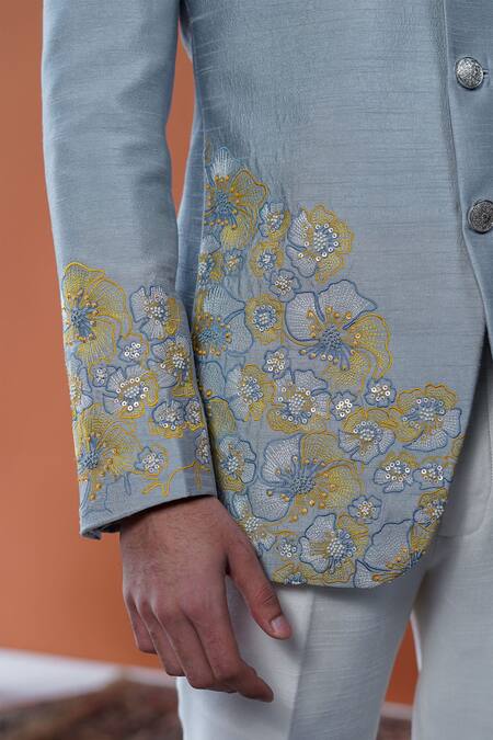 Shop_Philocaly_Sky Blue Silk Embroidery, Sequins Zardneel Floral Bandhgala _Online_at_Aza_Fashions