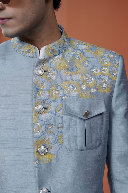 Philocaly_Sky Blue Silk Embroidery, Sequins Zardneel Floral Bandhgala _at_Aza_Fashions